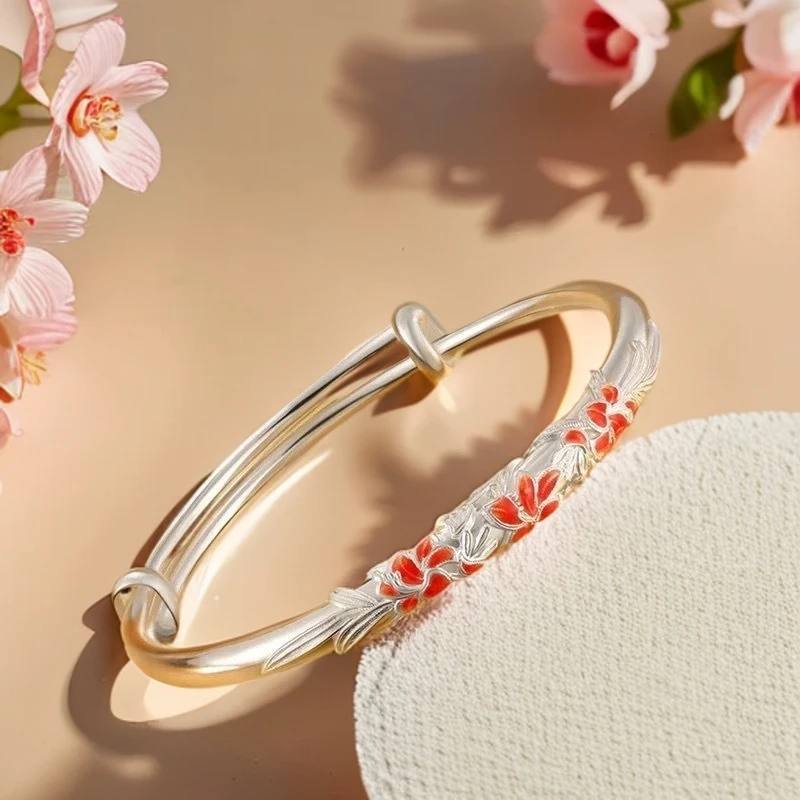 足银手镯 【A818】24g999.9花丝珐琅萱草花繁花似锦古风百搭民族风