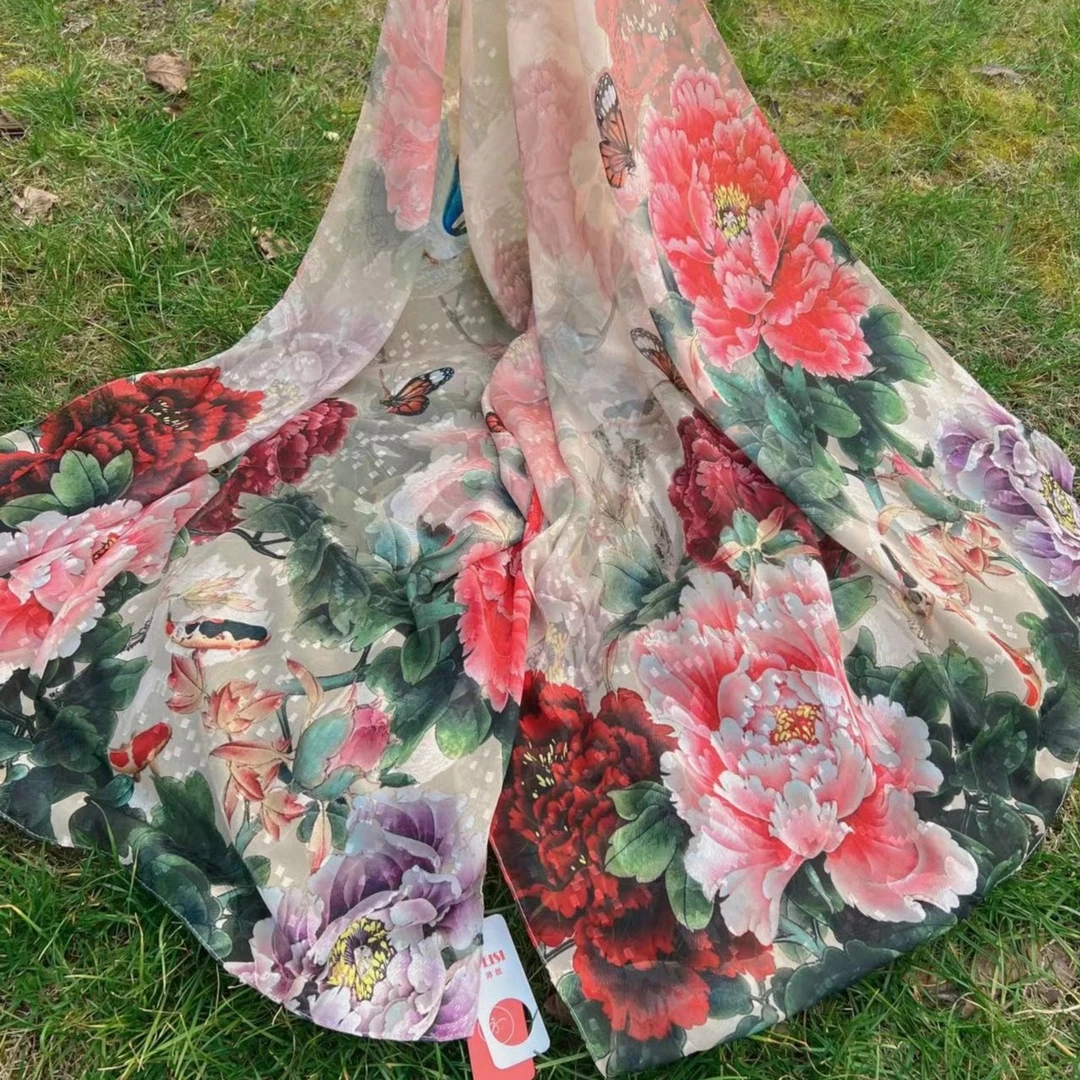 高端定制国风牡丹丝巾手工剪花长巾四季可搭披肩70*180左右时尚