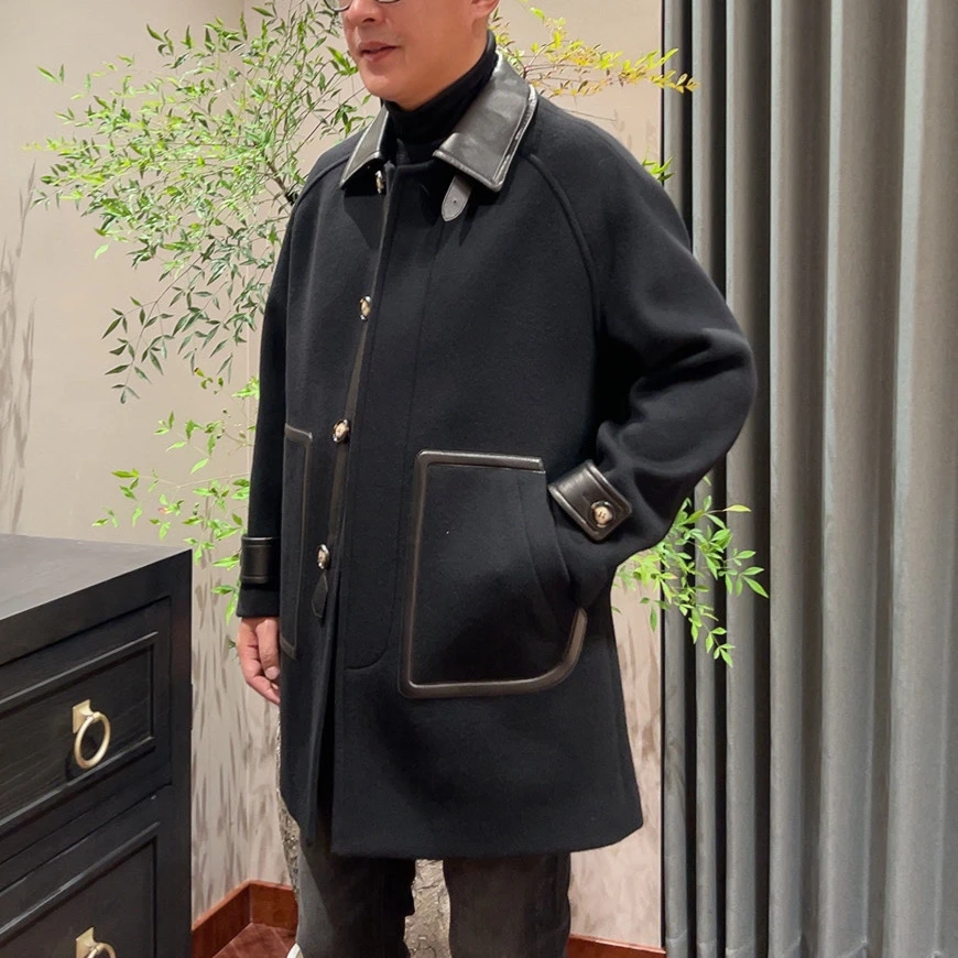 男士羊毛羊绒拼皮大衣39069男士高端时尚休闲中长款羊绒羊毛大衣