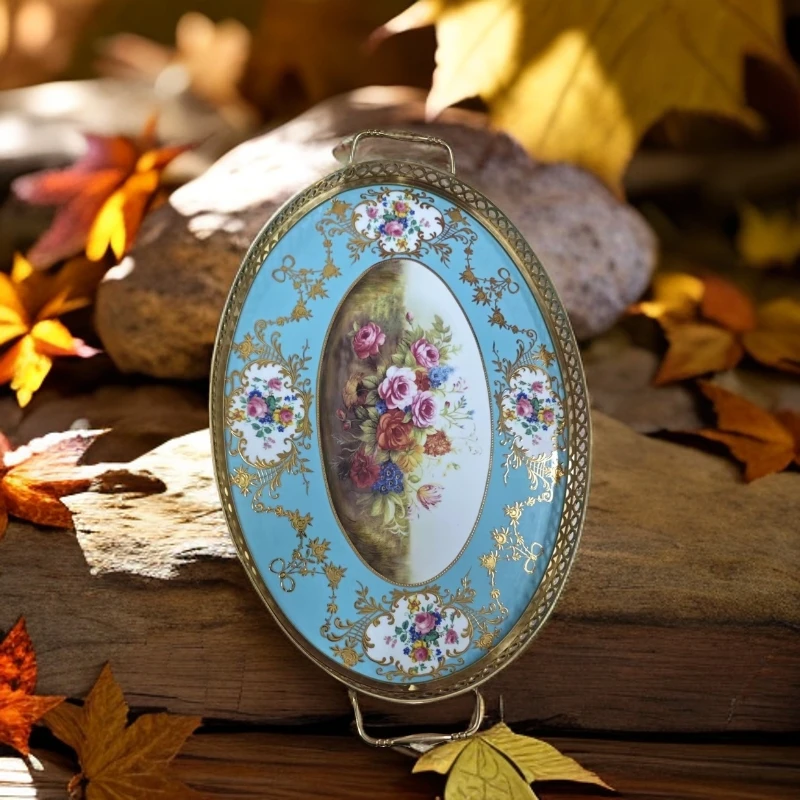 欧式铜配瓷托盘复古精致重工爱情画片玫瑰花卉托盘