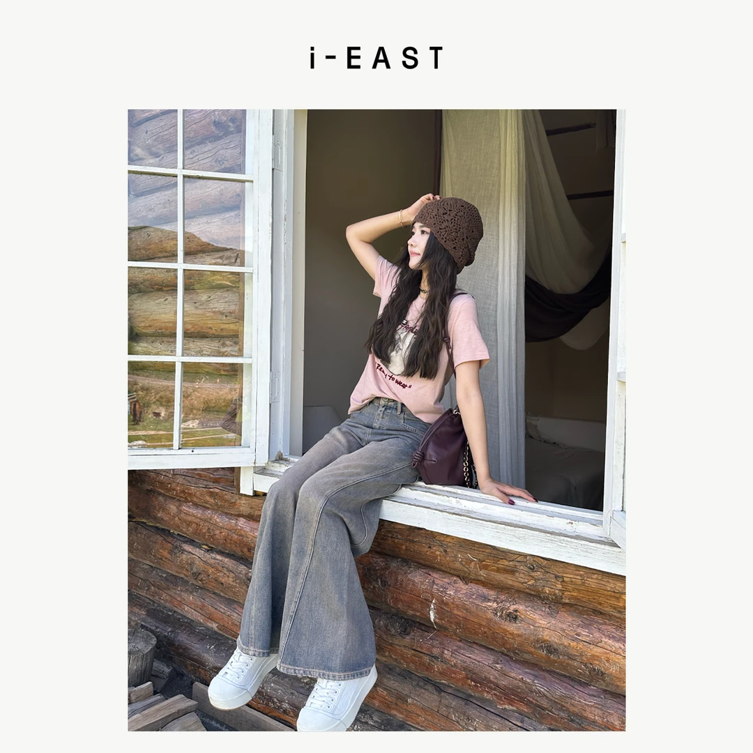 i-EAST 街拍新星~复古渐变做旧高腰牛仔裤-4Q K1077