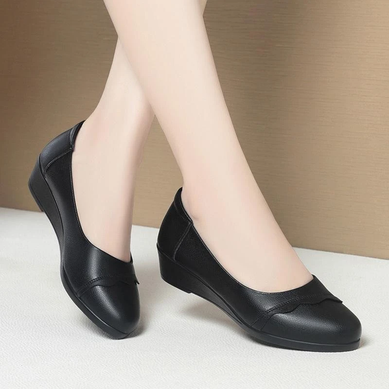 真皮单鞋女2025年新款春季女鞋平跟圆头坡跟鞋百搭坡跟小皮鞋软皮