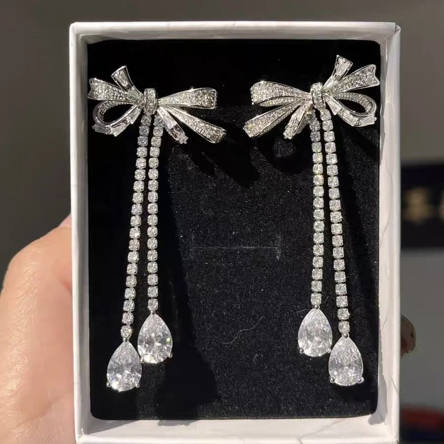 铜合金耳饰 2740-0031新款锆石蝴蝶结耳钉流苏款新娘婚纱礼服