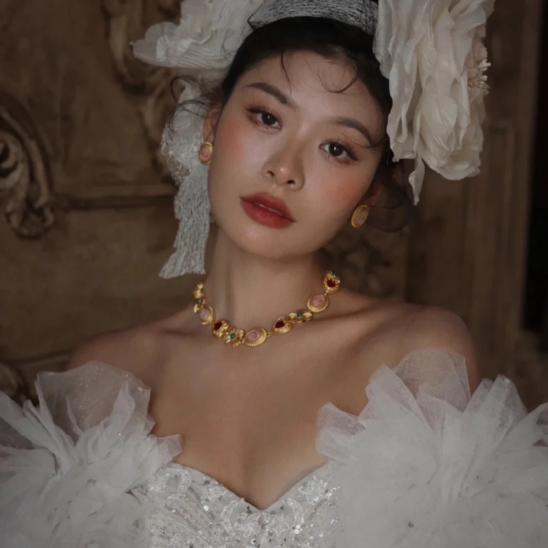 合金项链 1020中古风花朵人像爱心项链复古宫廷风气质项链