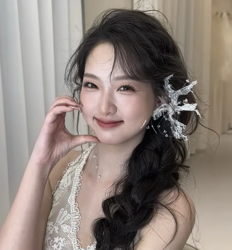 7770新款超仙手工蕾丝羽毛新娘晨袍婚纱头饰