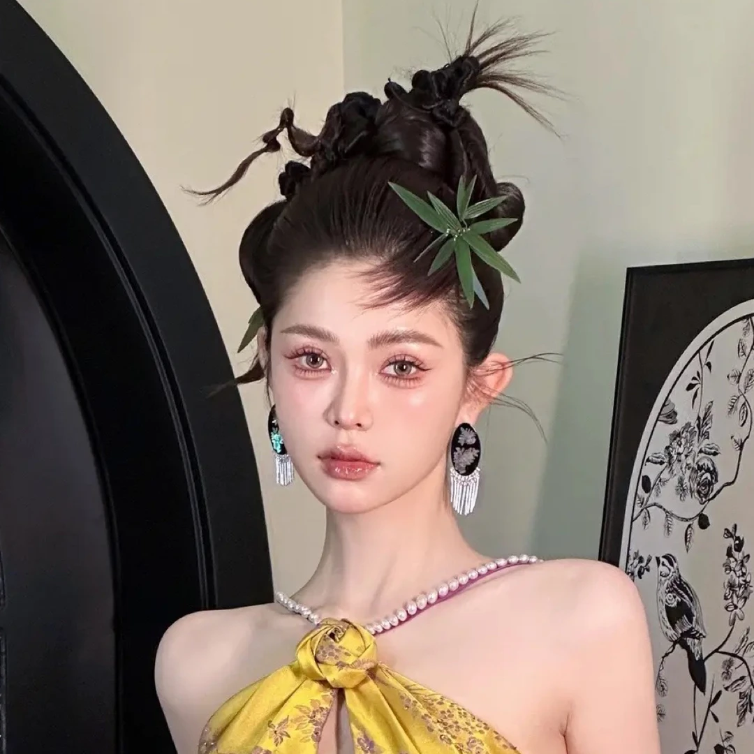铜合金耳饰 2557花朵新中式簪子复古气质吊坠耳钉
