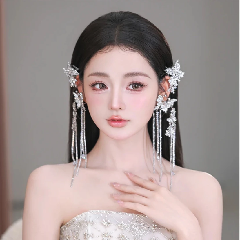 7757新款超仙重工蝴蝶新娘轻奢耳挂新娘婚纱拍照