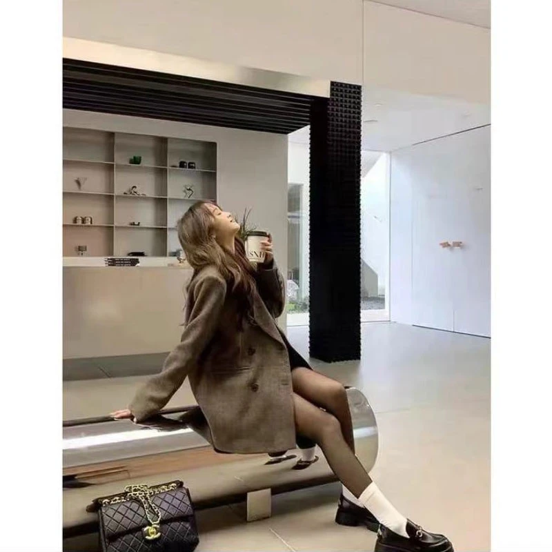 咖色毛呢西装外套女2024秋冬季爆款简约新款小个子呢子西服外套女