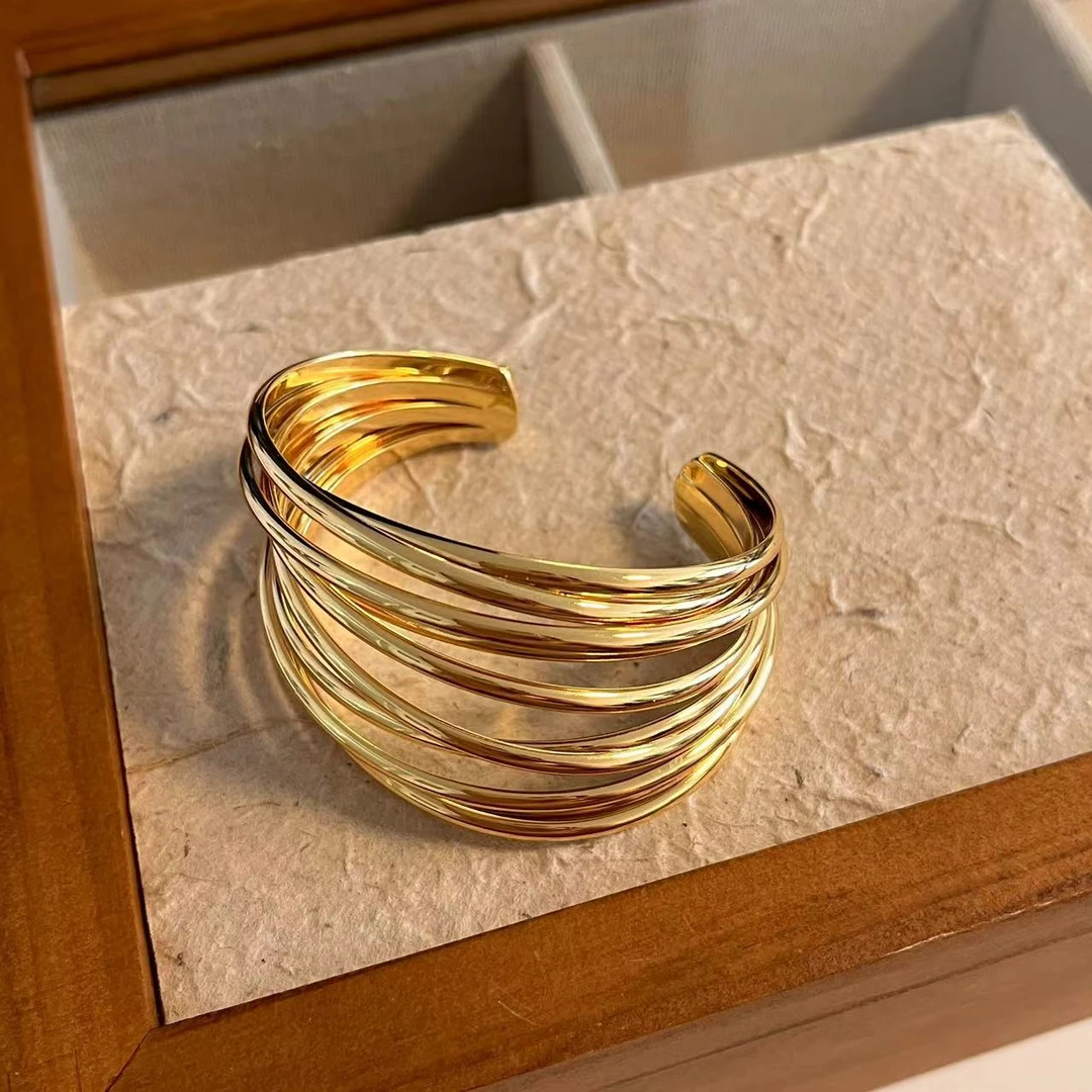 合金手镯 【颜伊娃】多层线条交错 宽版造型手镯