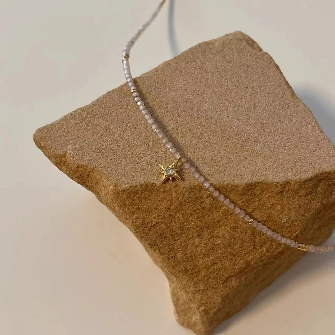 合金项链 【香槟八芒星】小华丽香槟色串珠 八芒星吊坠项链
