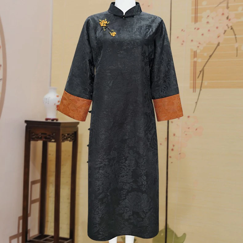 华族经典重磅高货香云纱桑蚕丝大衫旗袍日常宽松长袖长款 玉竹