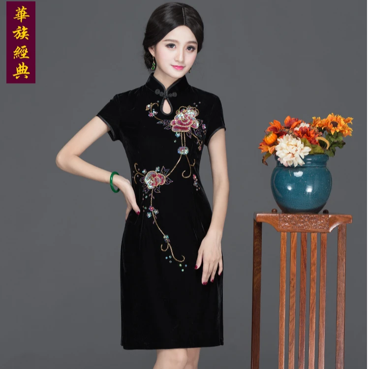 华族经典旗袍金丝绒妈妈装改良复古钉珠019#钉珠两朵花