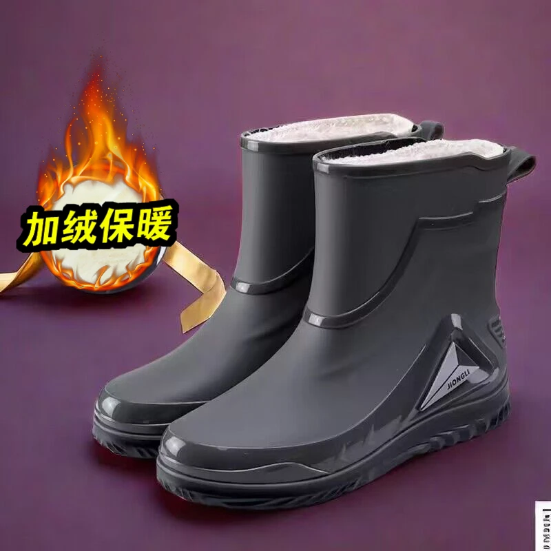 加绒雨鞋中筒保暖雨靴短筒男士时尚潮流厚底防滑耐磨冬季防水鞋男