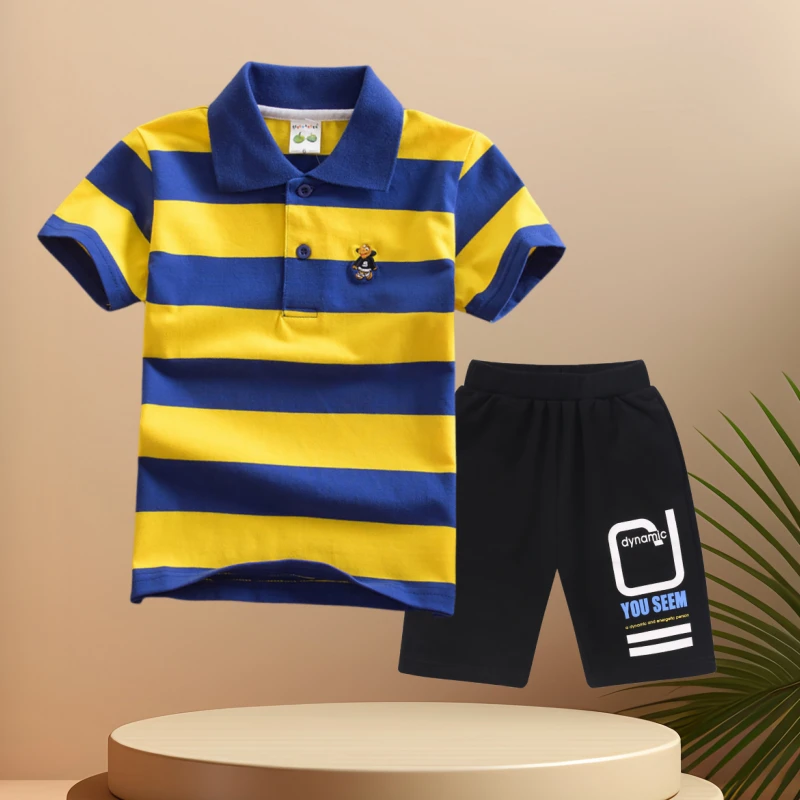 巴拉可儿条纹短袖T恤夏男童翻领中大童半袖POLO衫运动短裤套装