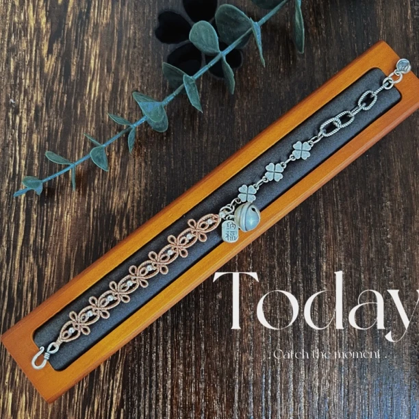 925银布艺手链 手工编绳-纯银半链半斜卷结四叶草手链