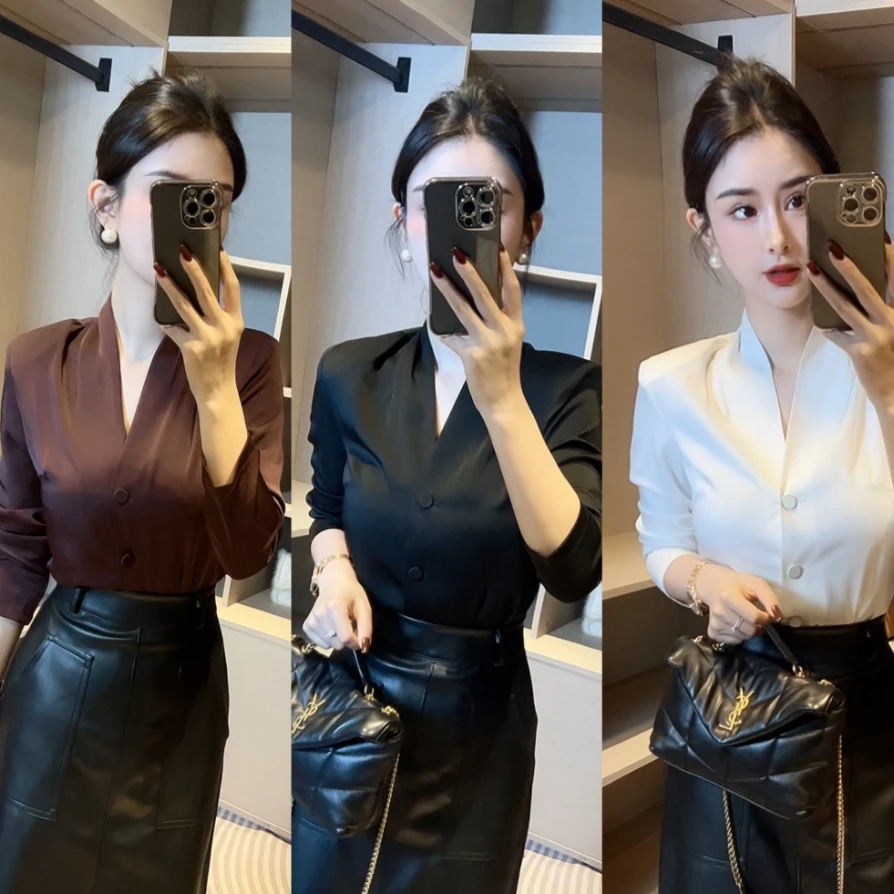 大【欣欣精选】时尚纯色通勤春款衬衣长袖防晒洋气简约上衣衬衫0673