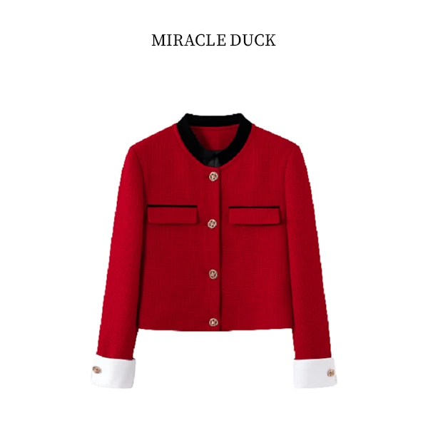 1号【复古红】秋冬气质名媛风高级红色袖口脱卸长袖小香风外套C108