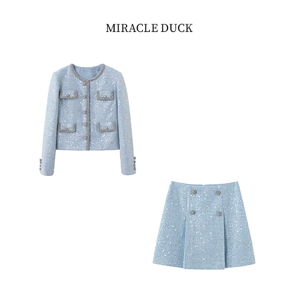 2号【人鱼姬套装】秋冬新款重工钉珠低圆领蓝色外套短裙套装C828-1