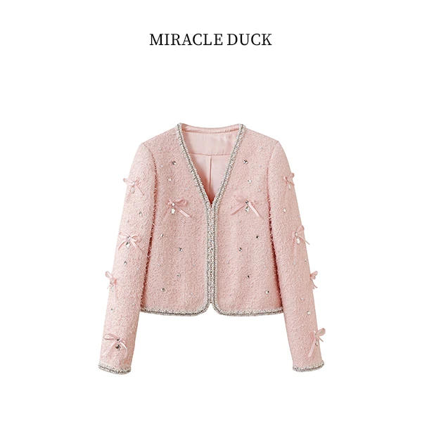 2号【柔和蜜桃】秋冬减龄定制重工钉珠蝴蝶结设计粗花呢外套C1400