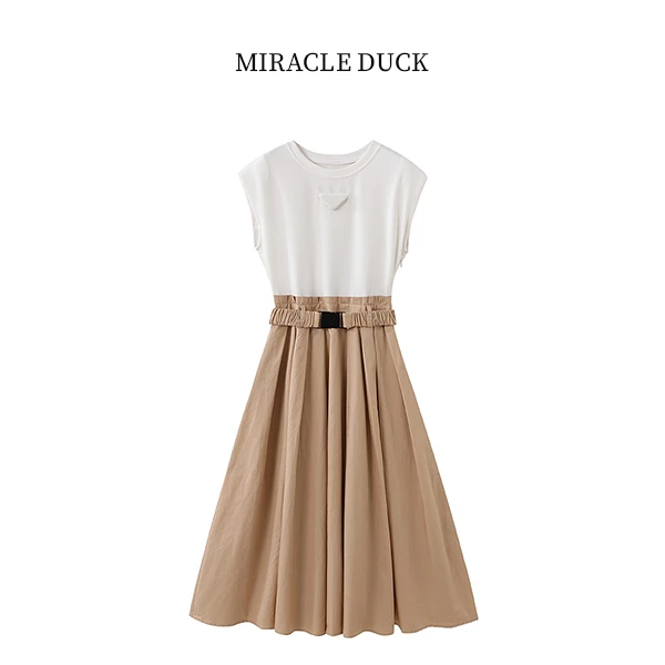 2号【白兰金萱】夏季气质时尚落肩袖假两件拼接收腰连衣裙C1199