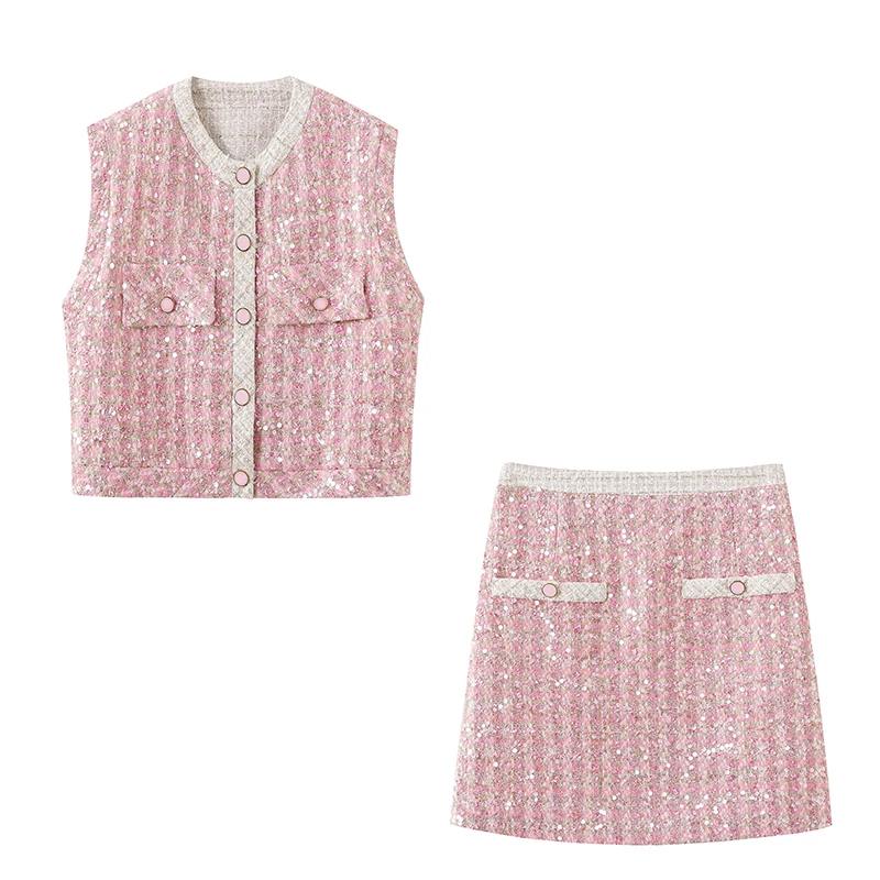2号【粉色马甲】时尚气质小香风重工亮片无袖格子裙子马甲套装C963