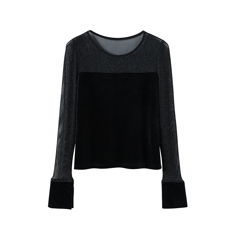 2号【氛围美人】秋冬透气休闲重工金丝蕾丝丝绒拼接长袖上衣C675