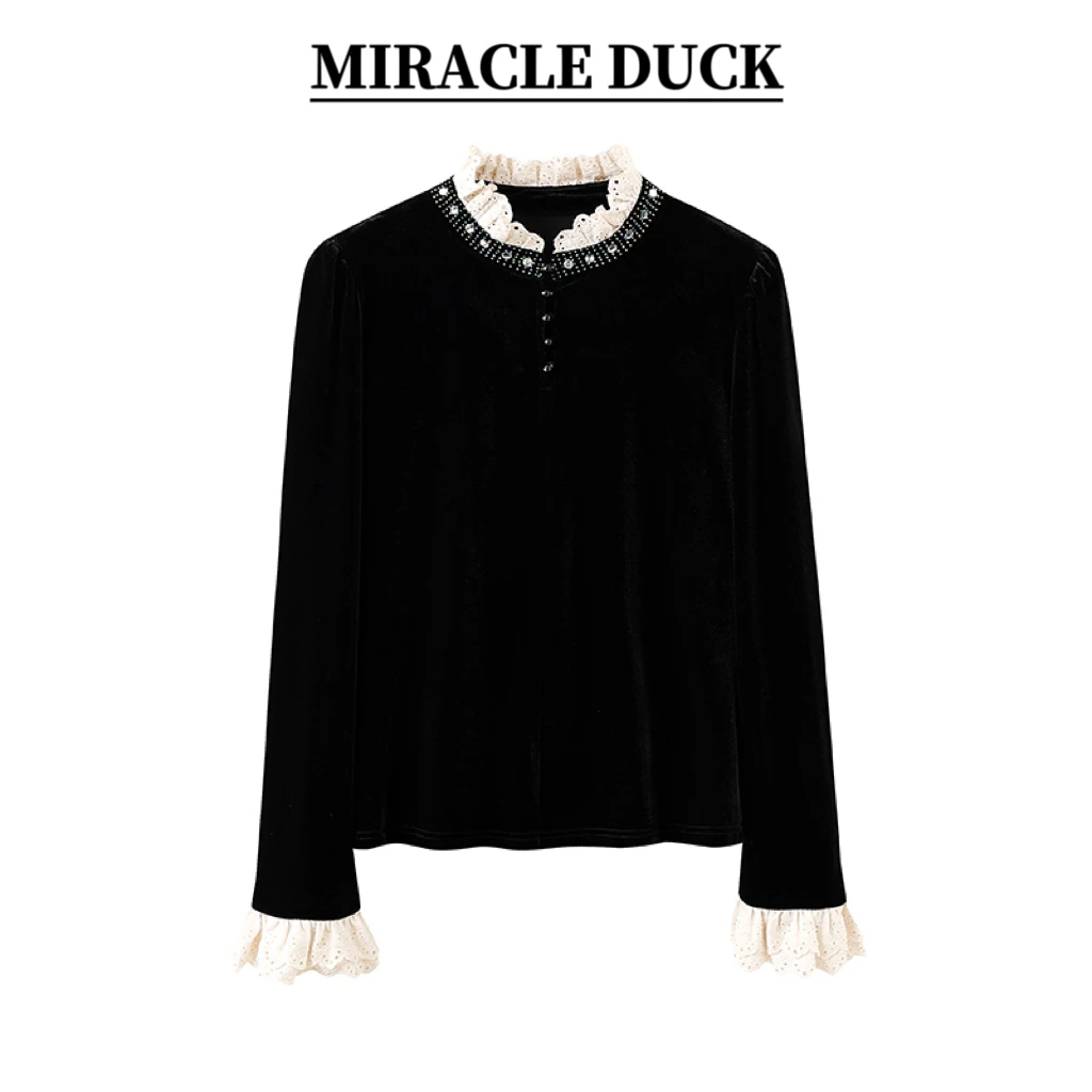 2号【芬芳留心】秋冬立领花边喇叭袖套头丝绒修身长袖打底衫C1447