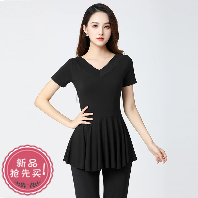 广场舞莫代尔短袖上衣夏季舞蹈服中长款夏天跳舞服装民族舞练功服