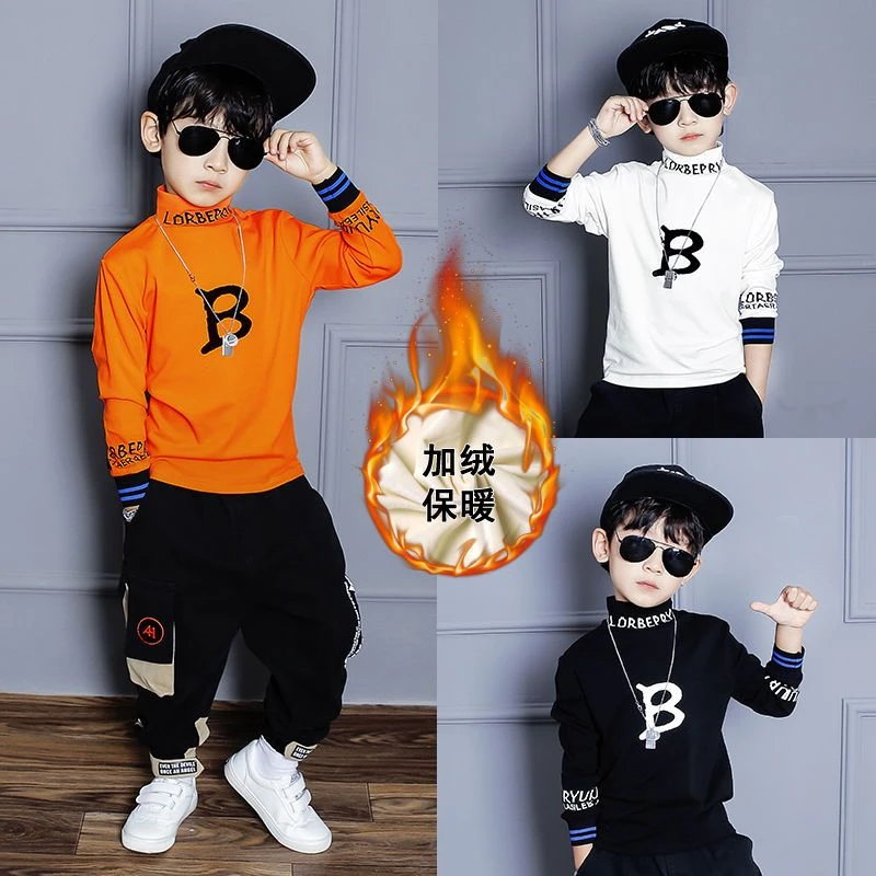 童装男童打底衫2023新款秋冬加绒长袖中大童半高领内搭保暖上衣潮