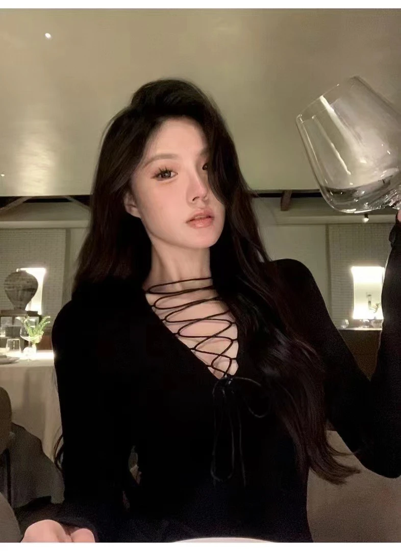 女高中生打底衫系带长袖T恤潮流设计感小众上衣