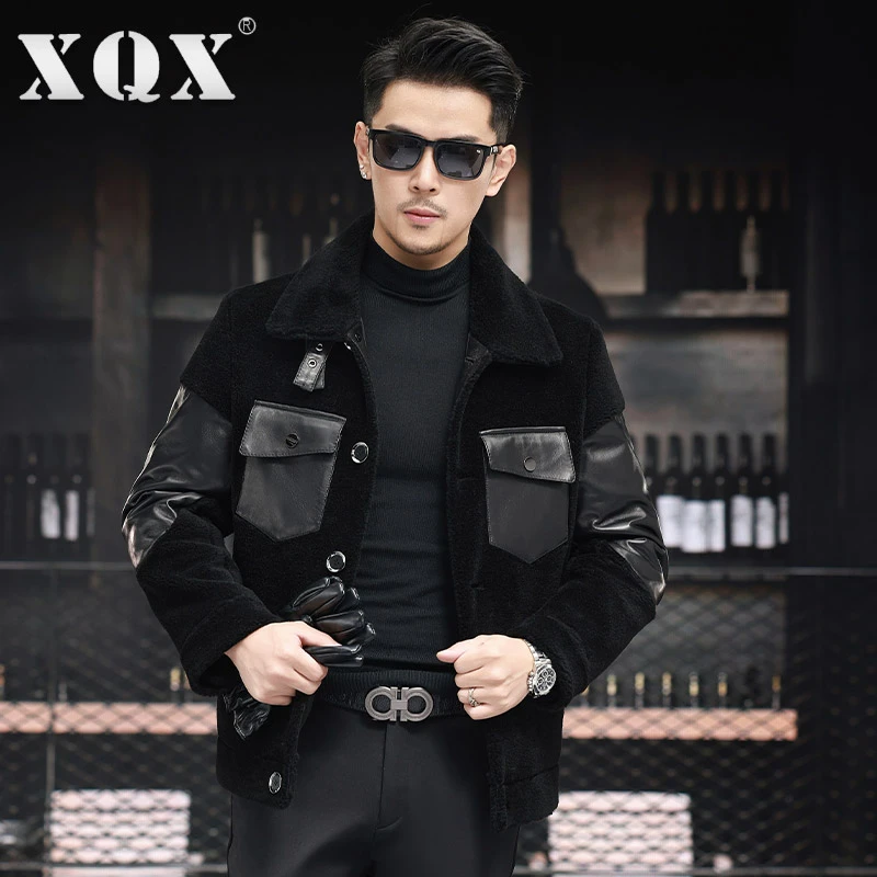 海宁皮毛一体外套男短款绵羊皮真皮皮衣短款全羊毛羊剪绒大衣