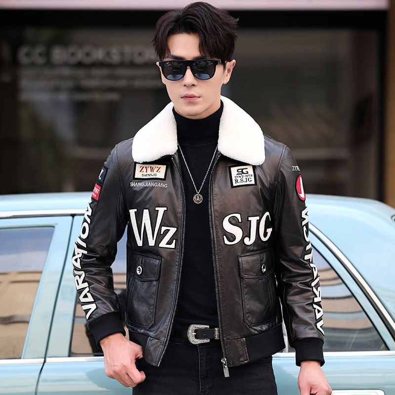 新款海宁真皮皮衣男绵羊皮男士皮夹克外套羊毛领保暖皮夹克男款