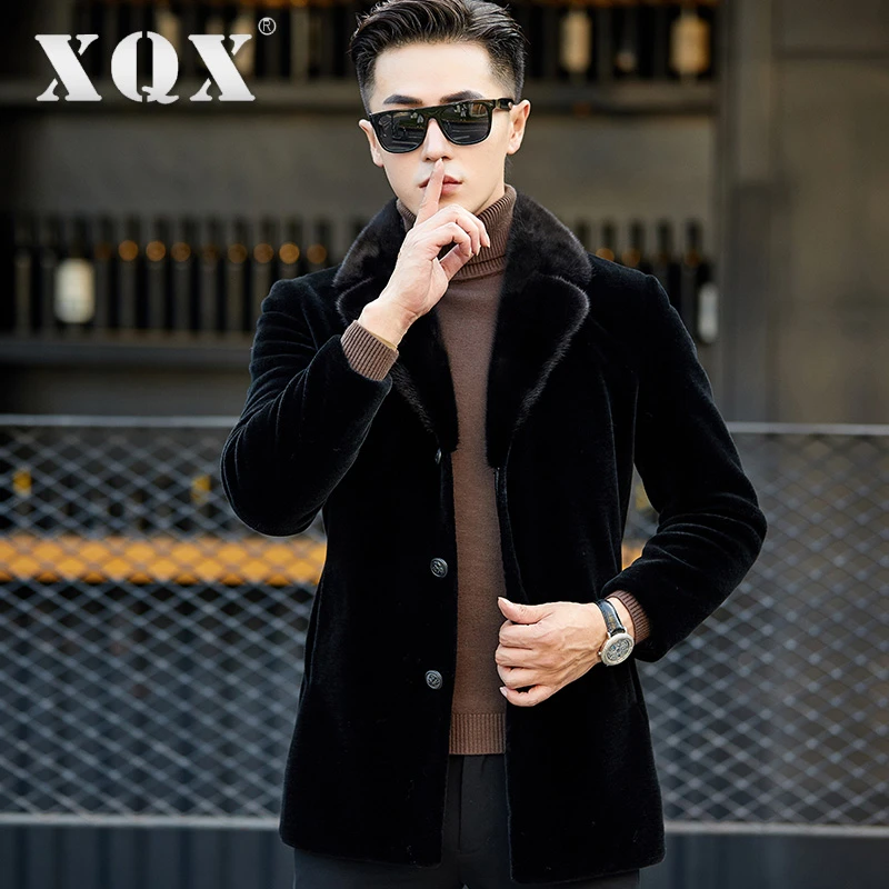 羊剪绒中长款修身水貂领羊毛冬海宁皮草羊羔毛外套复合皮毛一体男