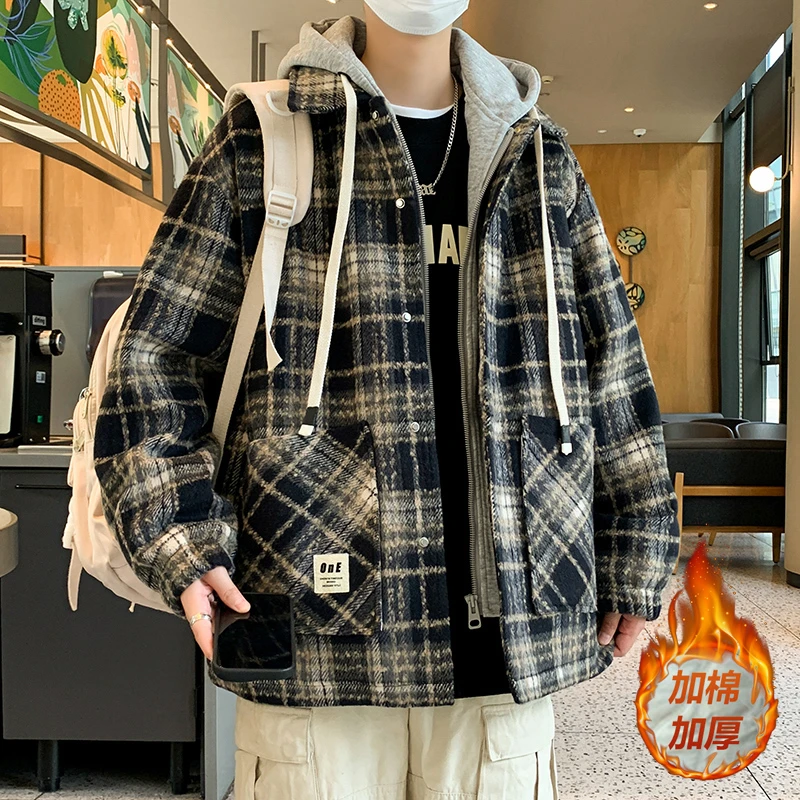 青少年秋冬加棉加厚夹克男生宽松百搭连帽休闲保暖学生假两件外套