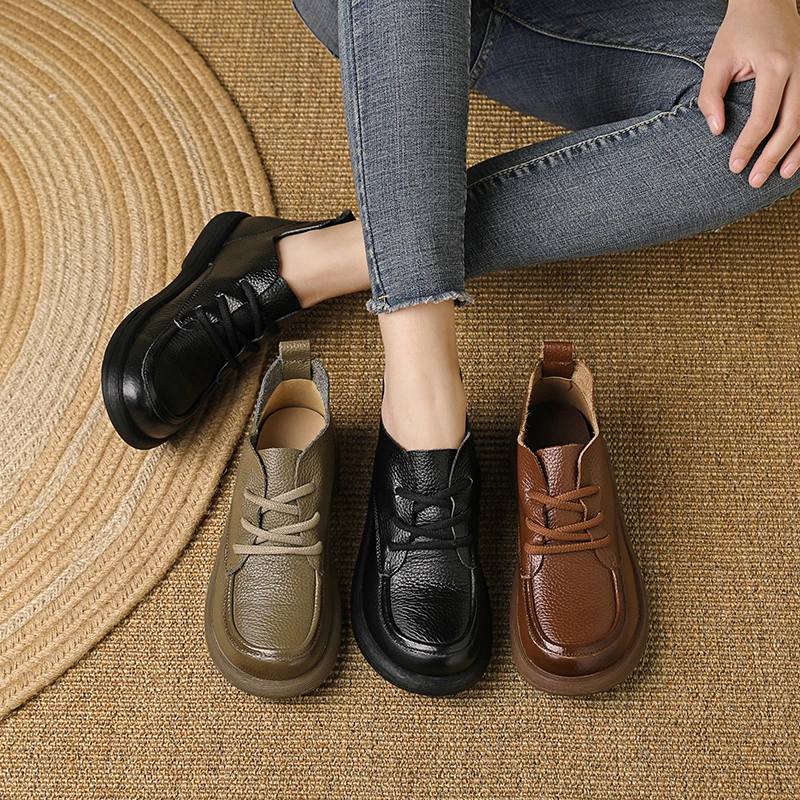 头层牛皮平底舒适秋冬休闲系带软底超柔短靴百搭英伦风手工皮鞋