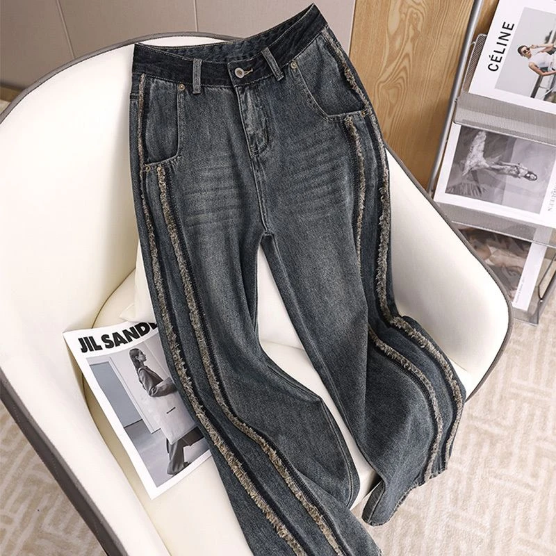 复古蓝直筒牛仔裤女2024年春秋新款宽松显瘦梨型身材微阔腿拖地裤