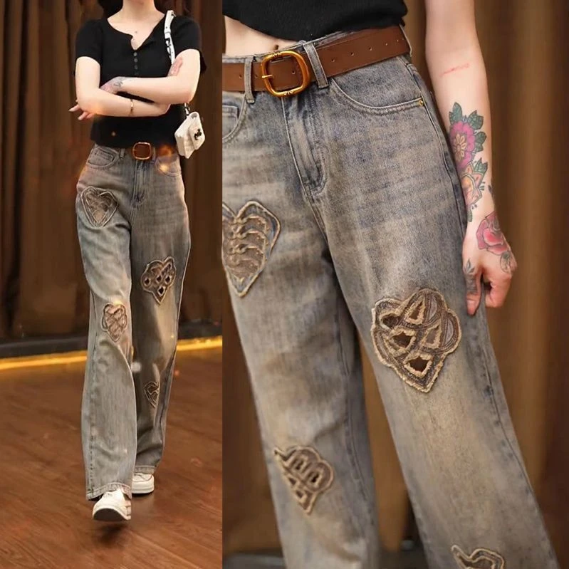 烫钻破洞高腰阔腿牛仔裤女2025夏季新款设计感复古宽松显瘦直筒裤