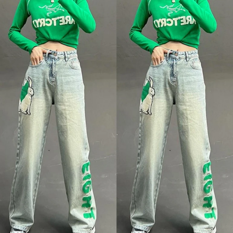 欧美风高级感显瘦裤子2025年春秋季新款复古高腰直筒阔腿牛仔裤女