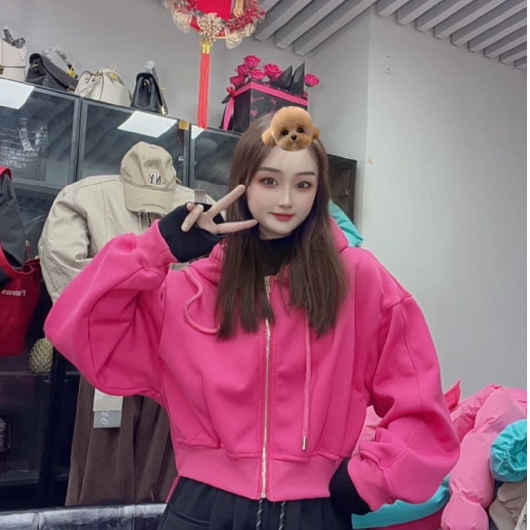 网红短款洋气运动连帽外套宽松百搭拉链开衫秋冬时尚火龙果卫衣