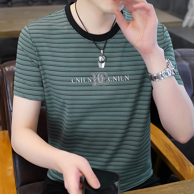 夏季短袖T恤圆领男装冰丝条纹半截袖青年男士打底衫修身弹力上衣
