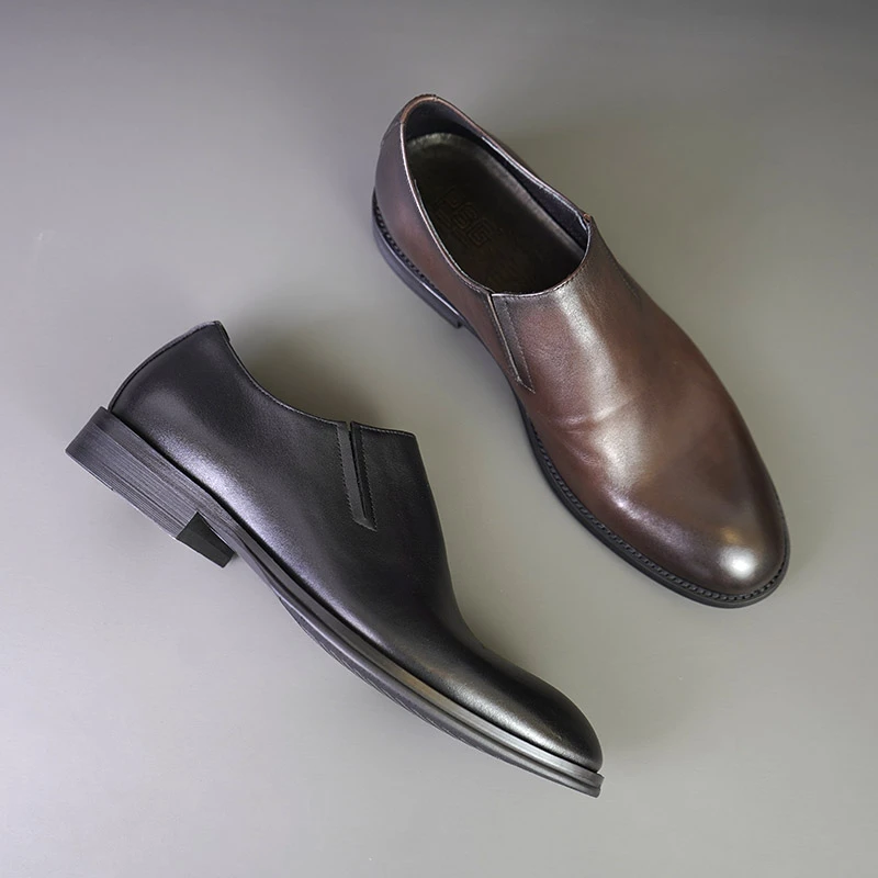 男士头层牛皮时尚真皮低帮男鞋商务男士皮鞋男一脚蹬爸爸款皮鞋