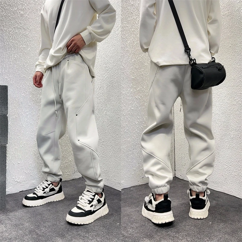 2025新款拼接设计感哈伦卫裤纯色休闲宽松直筒痞帅百搭束脚裤男