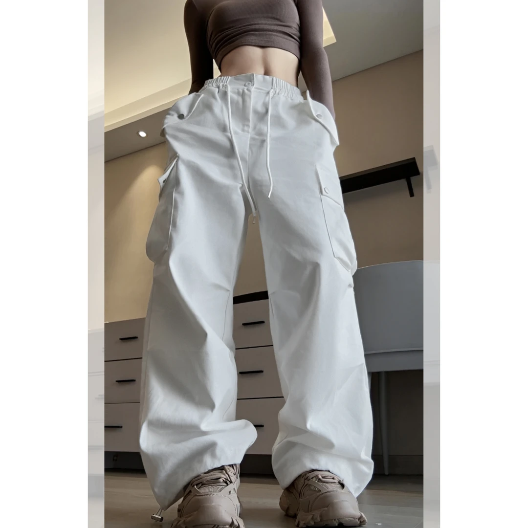 夏春茶欧美街头辣妹多口袋工装裤女秋季新款白色阔腿显瘦休闲长裤