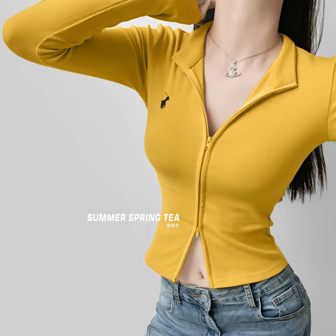 美式秋冬双拉链T恤女2024亲肤磨毛显瘦长袖开衫打底衫
