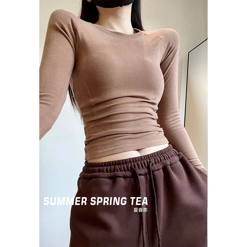 夏春茶纯欲T恤女秋冬新款修身显瘦短款上衣辣妹内搭圆领打底衫
