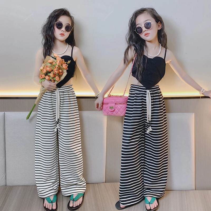女童条纹休闲裤秋季儿童宽松时髦阔腿裤女孩中大童洋气外穿运动裤
