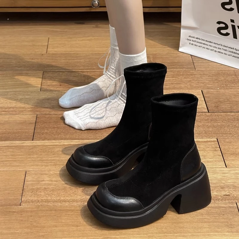厚底袜靴女2022秋冬季新款粗跟弹力瘦瘦靴短靴绒面套筒马丁女靴子