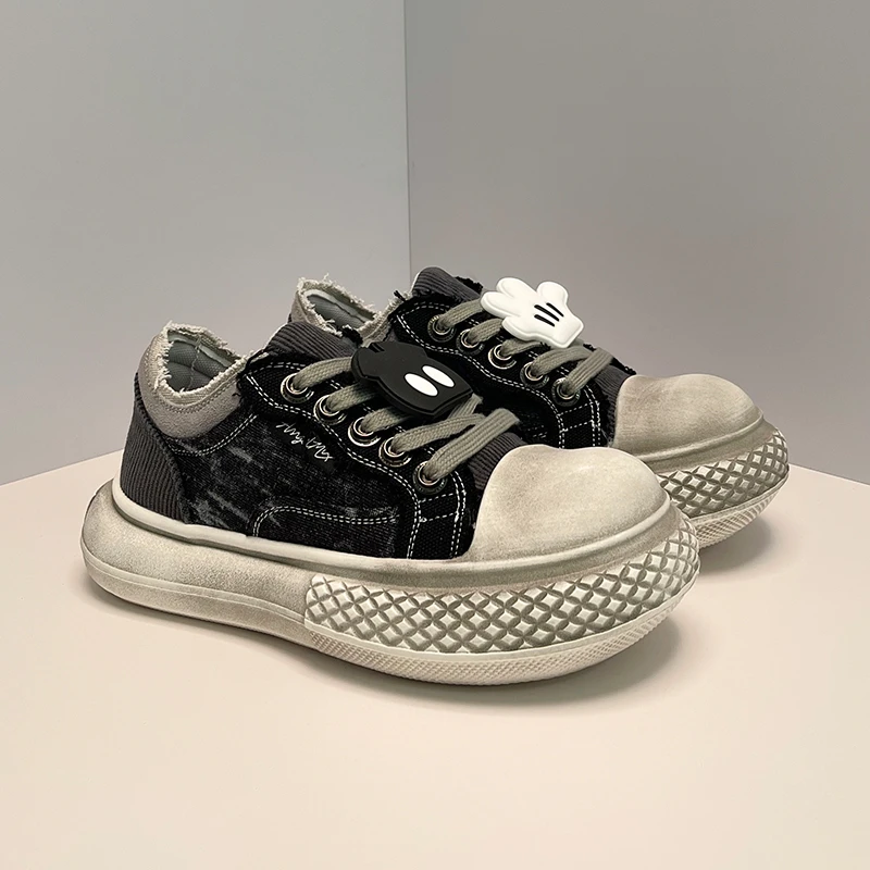 小众美式复古做旧帆布鞋男女日系黑色大头鞋国潮运动百搭休闲板鞋