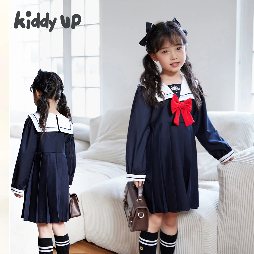 2024新款秋季女童学院风海军领jk刺绣百褶连衣裙初秋穿搭