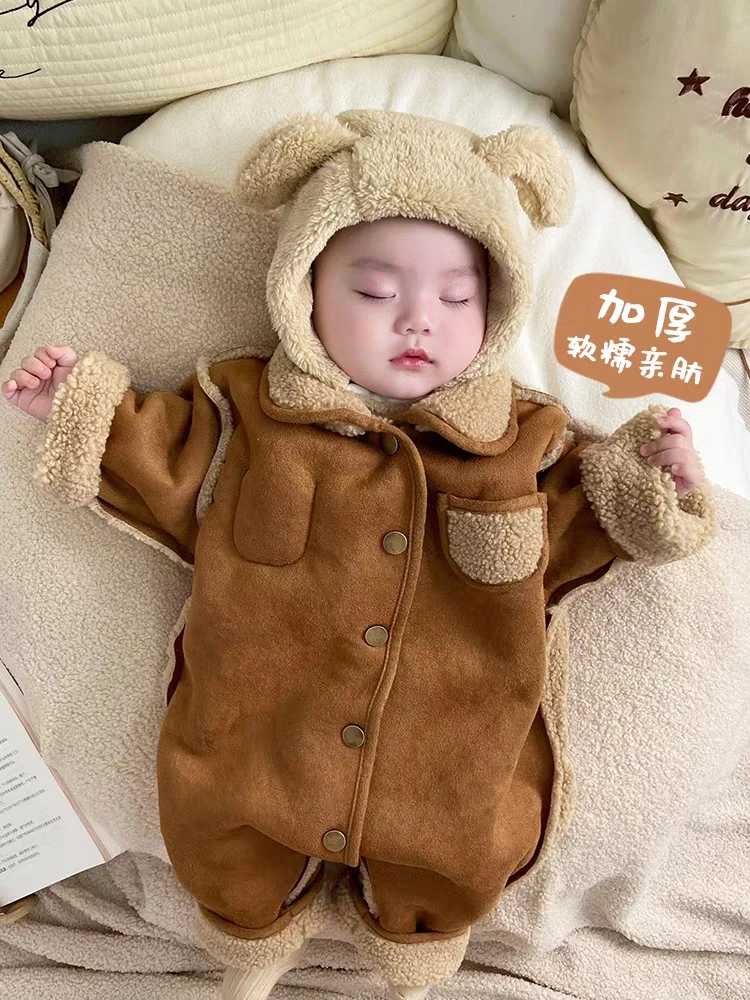 婴儿加绒爬爬服韩范童装男加厚毛绒连体衣洋气外出服女童冬装哈衣